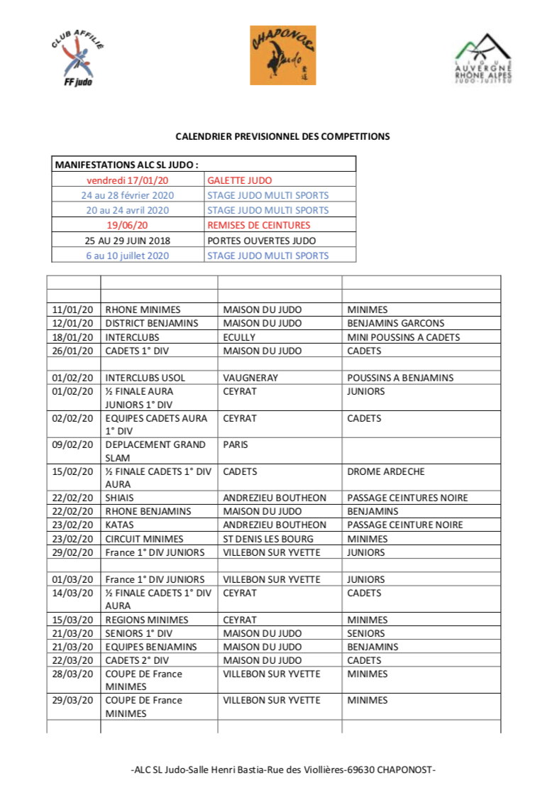 CALENDRIER PREVISIONNEL 2020 – Judo Club Chaponost